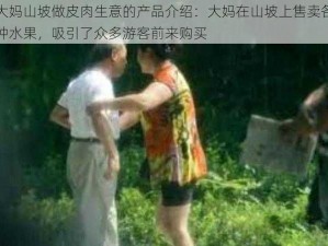 大妈山坡做皮肉生意的产品介绍：大妈在山坡上售卖各种水果，吸引了众多游客前来购买