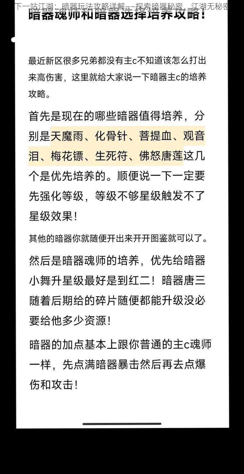 下一站江湖：暗器玩法攻略详解——探索暗器秘密，江湖无秘密