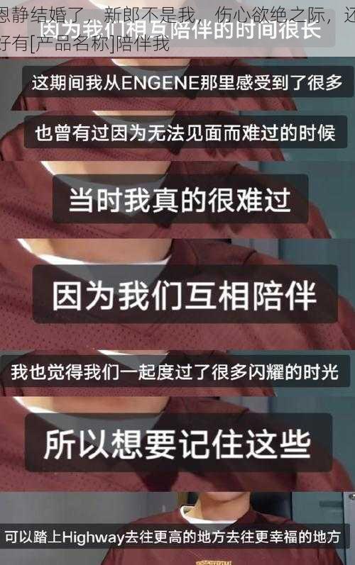 恩静结婚了，新郎不是我，伤心欲绝之际，还好有[产品名称]陪伴我