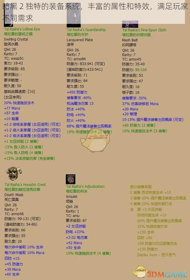 暗黑 2 独特的装备系统，丰富的属性和特效，满足玩家不同需求