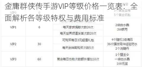 金庸群侠传手游VIP等级价格一览表：全面解析各等级特权与费用标准