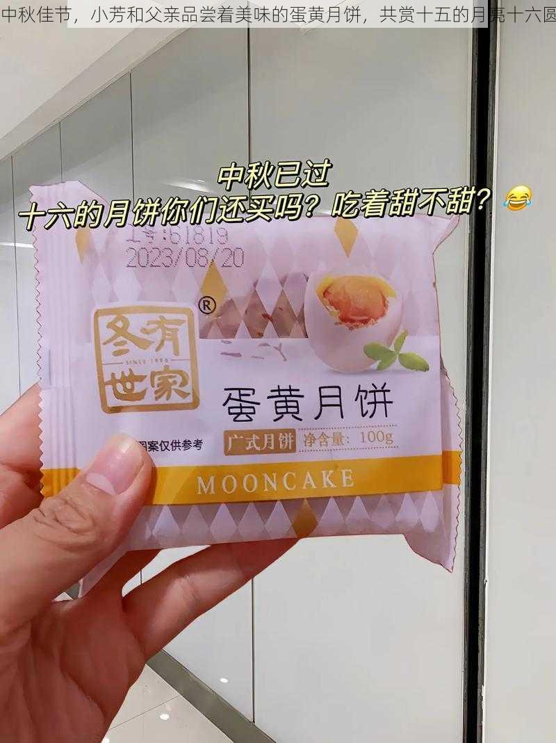 中秋佳节，小芳和父亲品尝着美味的蛋黄月饼，共赏十五的月亮十六圆